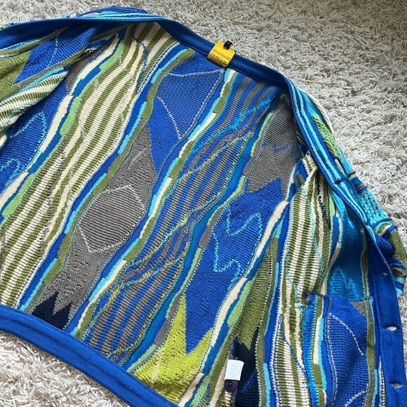 Coogi 3D Knit Cardigan Multicolor Blue Green Rare Pattern Australia Made Cotton - Picture 15 of 16